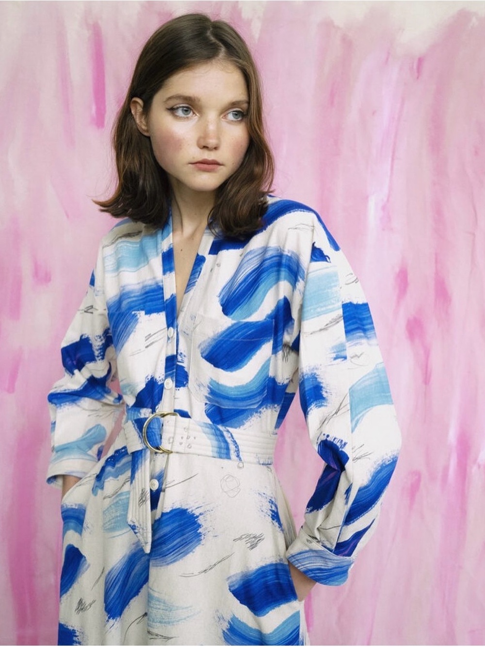 Claire Heinui Blue Brushstroke Print Samira Dress with Belt - Picture 2 of 5